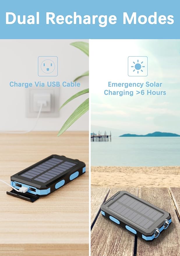 Solar Charger Power Bank - 36800mAh Solar Phone Charger, USB-C QC3.0 Fast Charger with LED Flashlight, IP65 Waterproof Portable Power Bank for Camping, Hiking Outdoor Activities（Blue）