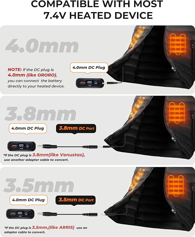 16000mAh 7.4V 5V Heated Vest Battery Pack, Battery Pack for Heated Vest Compatible with ORORO, for TODWARM, for Weamest, Rechargeable Power Bank with LED for Arris, for OCQOCQ, for Wulcea