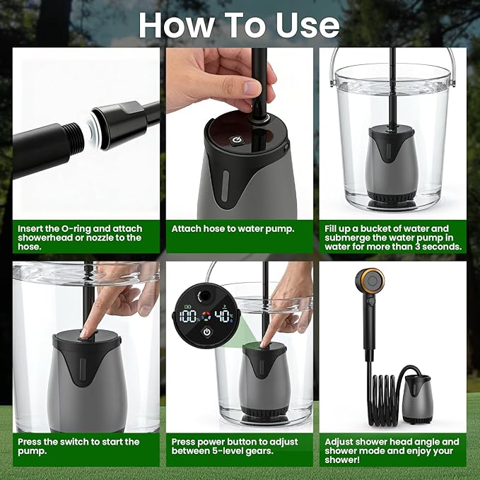 Portable Camping Shower Head with Pump - Dessports 6000mAh Rechargeable Outdoor Camp Shower Kit with Smart LED Display, 5 Pressure Levels, 4 Modes, IPX8 Waterproof for Hiking, RV, Car Wash & Pet