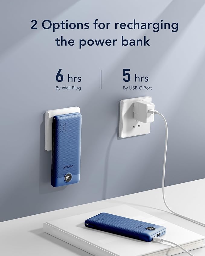 VEGER Portable Charger with Built-in AC Plug and Cables, All in One 10000mAh Ultra Slim Power Bank Travel Essentials, Fast Charging Battery Pack Compatible with iPhone, Samsung, Android (Navy)