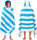 COTTON CRAFT Hooded Beach Towel - Oversized XXL 35x84 Towel with Hood for Adults - The Big Kahuna 7 Foot Beach Blanket Towel - Big & Tall Soft 100% Cotton Velour - Pool Bath Wrap - Cabana Stripe Aqua