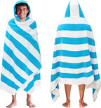 COTTON CRAFT Hooded Beach Towel - Oversized XXL 35x84 Towel with Hood for Adults - The Big Kahuna 7 Foot Beach Blanket Towel - Big & Tall Soft 100% Cotton Velour - Pool Bath Wrap - Cabana Stripe Aqua