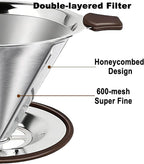 Pour Over Coffee Dripper - 304 Stainless Steel, Paperless & Reusable Dual-Layer Metal Coffee Filter with Base, 600 Mesh Steel Cone, for 1-4 Cups Brew Coffee Maker (Brown)