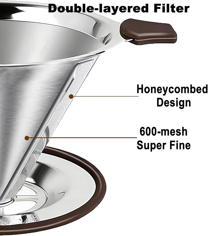 Pour Over Coffee Dripper - 304 Stainless Steel, Paperless & Reusable Dual-Layer Metal Coffee Filter with Base, 600 Mesh Steel Cone, for 1-4 Cups Brew Coffee Maker (Brown)