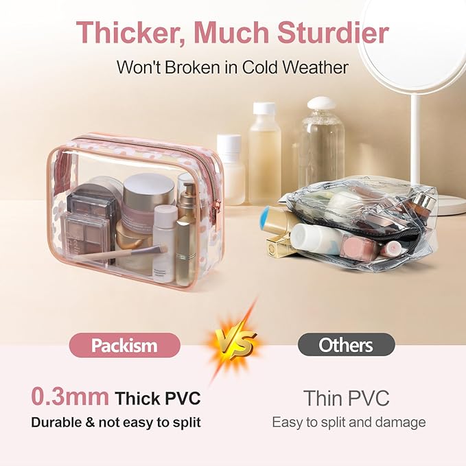 PACKISM TSA Approved Toiletry Bag - Rose Pink Flower Print Clear Makeup Bag, Suitable for Gifts, with Supporting Frame, Perfect for Travel Essentials, Thick No Smell