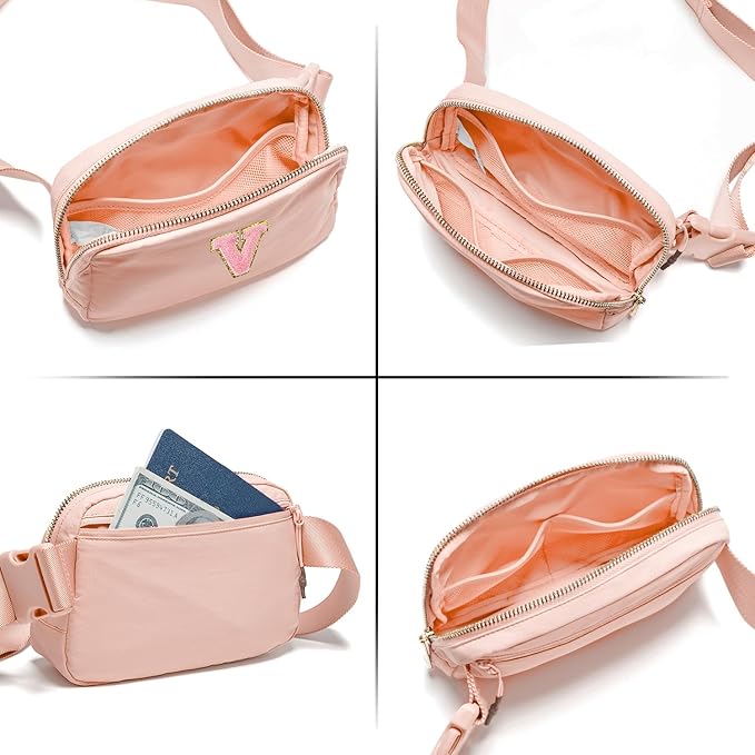 Gitus 6 7 8 9 10 Year Old Girl Gifts Belt Bag Fanny Pack Crossbody Bags with Initial Letter Patch Things for Teen Girls Easter Gifts for Girls Travel Essentials（Coral Pink-V）