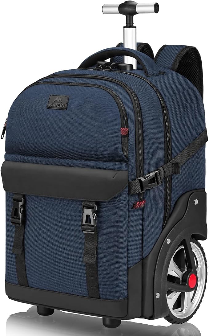 MATEIN Rolling Backpack with Wheels, 17 Inch Large Roller Backpack with Combination Lock, Water Resistant Anti Theft Travel Wheeled Backpacks Laptop Back Pack for Men Women Work Business Commute, Blue