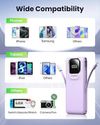 Portable Charger with Built-in Cables,22.5W Super Fast Charging Power Bank Slim Phone Charger,10000mAh Travel Battery Pack Battery Bank with Smart LED Display for iPhone, Android & USB-C (Purple)