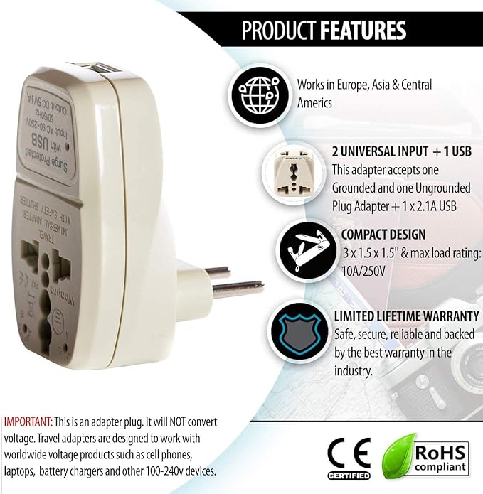 OREI 3 in 1 Continental Europe Travel Adapter Plug with USB and Surge Protection - Type C - Turkey, Italy & More