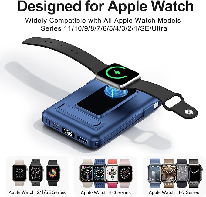 for Magsafe Battery Pack, 10000mAh Power Bank for iPhone with Built-in Cables, 20W Fast Charging Magnetic Wireless Portable Charger with Stand for iPhone 17/16/15/14/13/12/Apple Watch Series
