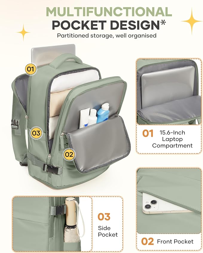 coofay Large Travel Backpack For Women Men Airline Approved Carry On Backpack Flight Approved Waterproof Sports Luggage Backpack Casual Daypack Small Hiking Backpacks Grey Green