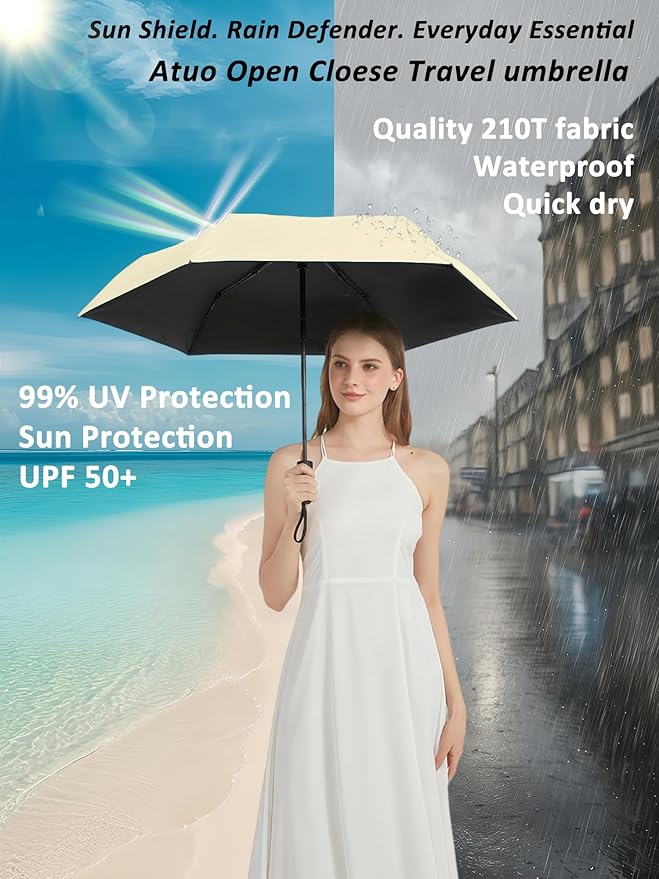 BAODINI Compact Travel Umbrella Small Windproof Auto Open Close for UV Sun Protection UPF 50+ and Rain Fits Backpack Purse & Suitcase