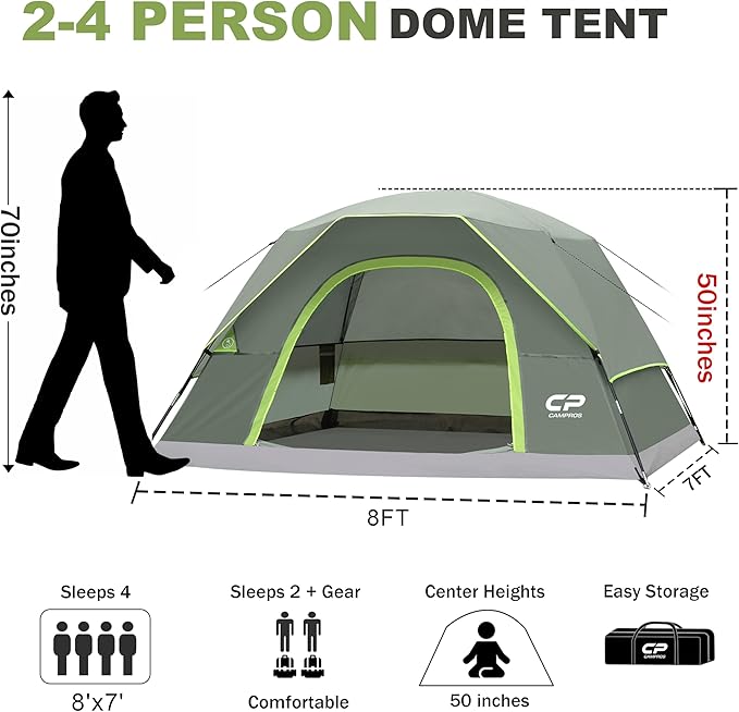 CAMPROS CP Camping Tent 2/4/6 Person, Waterproof Windproof Double Layer Dome Tent, Easy Setup with Large Mesh Windows & Wide Door for Outdoor Camping Backyard