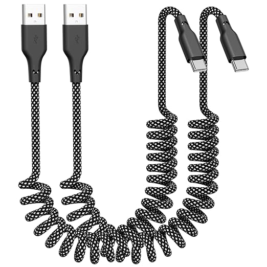 Quickeep Car Carplay Cable 2Pack Coiled USB A to USB C Fast Charge Cord for iPhone 17/16/15/Plus/Pro Max/MacBook Pro, Auto Retractable iPhone Car Cord Grey