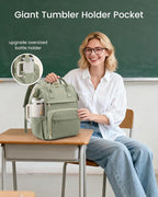 LOVEVOOK Laptop Backpack for Women with Giant Tumbler Holder Pocket,15.6inch Waterproof Travel Backpack Purse Computer Laptop Bag,Professional Work College Nurse Teacher Backpack Travel Bag,Bean Green