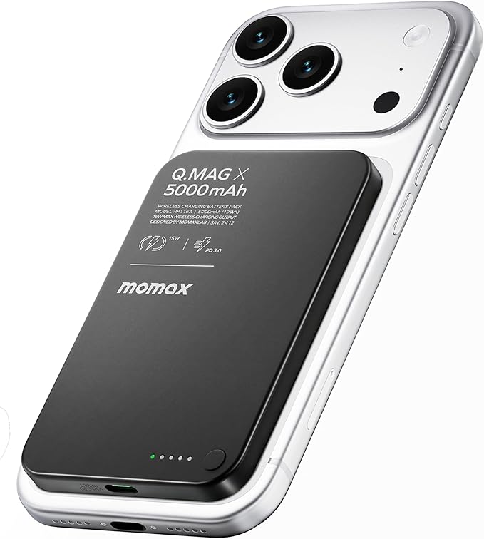 MOMAX Magnetic Power Bank 5000mAh, Ultra Slim 0.3Inch, 20W Fast Charging, Wireless Portable Charger for iPhone 17/16/15/14/13/12 Series, Magsafe Compatible(Black)