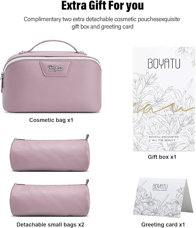 BOYATU Travel Makeup Bag Cosmetic Bags for Women: Large Capacity 3 Pcs Set Make up Bag with Compartments - Waterproof Vegan Leather Toiletry Organizer Bags with Handle (L28Purple)