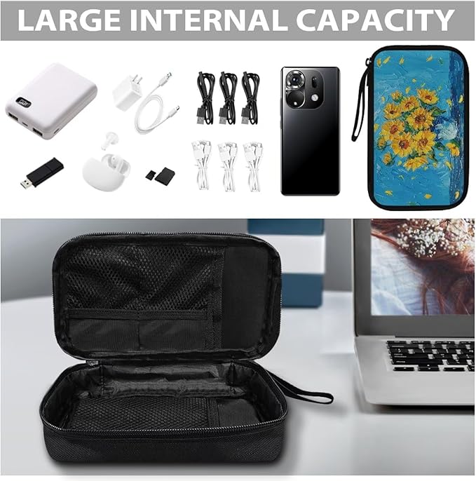 Artistic Sunflowers Electronic Organizer Cable Organizer Bag Travel Bag Cable Organizer Pouch Electronic Accessories Carry Case for SD Card Charger Phone Earphone Tech Pouch