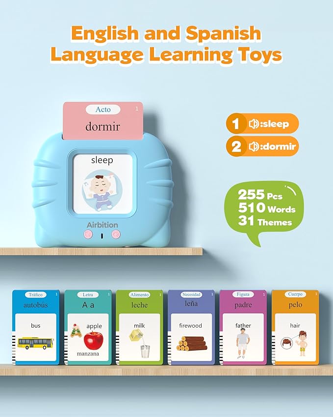 Airbition Bilingual Spanish and English Talking Flash Cards for Ages 2+, Pocket Speech Therapy Toy with 510 Words, Montessori Language Learning Toy, Children's Sensory Learning Kit