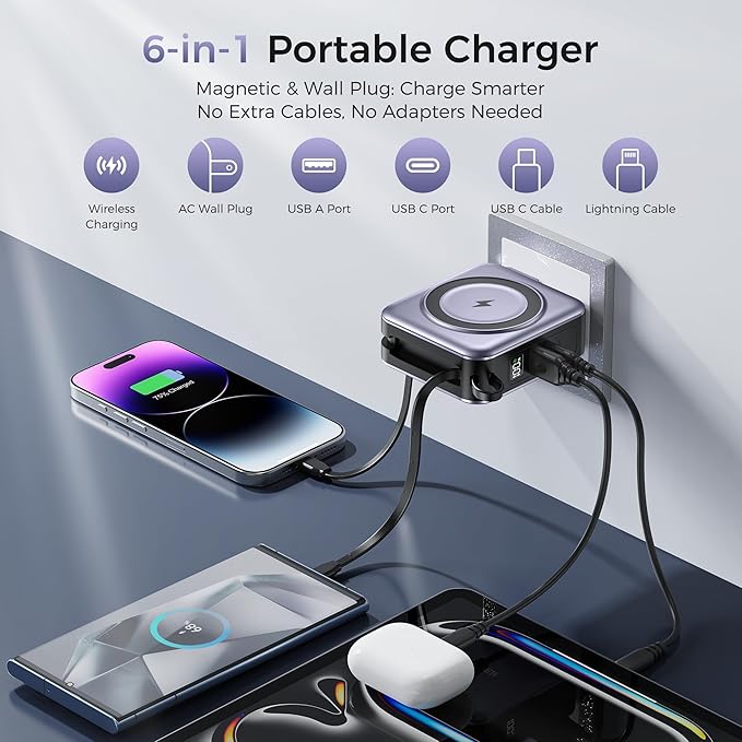 6-in-1 Magnetic Portable Charger 10000mAh – 22.5W Fast Charging with AC Wall Plug Built-in USB-C & Lightning Cables for iPhone 17/16/15/14/13/12, Android & Samsung (Silver Gray)