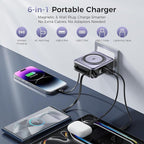 6-in-1 Magnetic Portable Charger 10000mAh – 22.5W Fast Charging with AC Wall Plug Built-in USB-C & Lightning Cables for iPhone 17/16/15/14/13/12, Android & Samsung (Silver Gray)