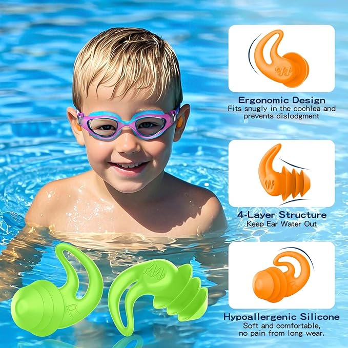 Waterproof Ear Plugs for Swimming Kids - 4 Pairs Reusable Silicone Swimming Ear Plugs for Children Ages 4-14, Keep Ear Water Out, Surfing, Bathing, Water Sports