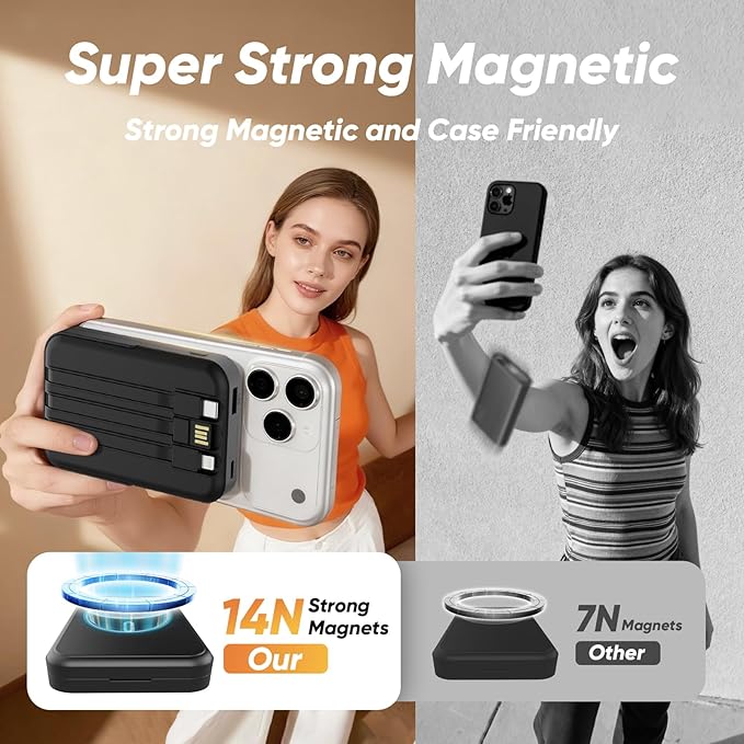 Power Bank 10000mAh Compatible with MagSafe, Magnetic Portable Charger with Digital Display, 15W Wireless Fast Charging, Built-in 3 Cables Compatible with iPhone 17/16/15/14/13/12 Series (Black)