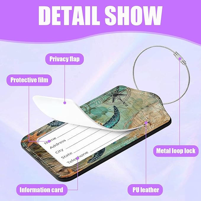 3 Pack Vintage Sea Turtle Luggage Tags for Suitcase PU Leather Travel Luggage Tag Privacy Cover ID Label for Women Men Baggage Backpack Handbag School Bag