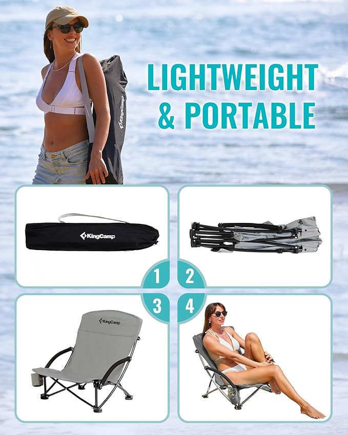 KingCamp Low Beach Chair, High Back Folding Camping Chair for Adults, Oversized Breathable Mesh Seat, 300lbs Heavy Duty Portable Chair with Cup Holder & Storage Pockets for Beach, Outdoor