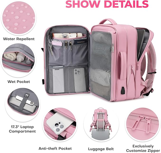 Rcrirth Travel Backpack for Women | Expandable Carry On Backpack with 17.3 Inch Laptop Compartment - Personal Item Travel Bags for Women Nurse Work Bag for Traveling Weekender Business College - Pink