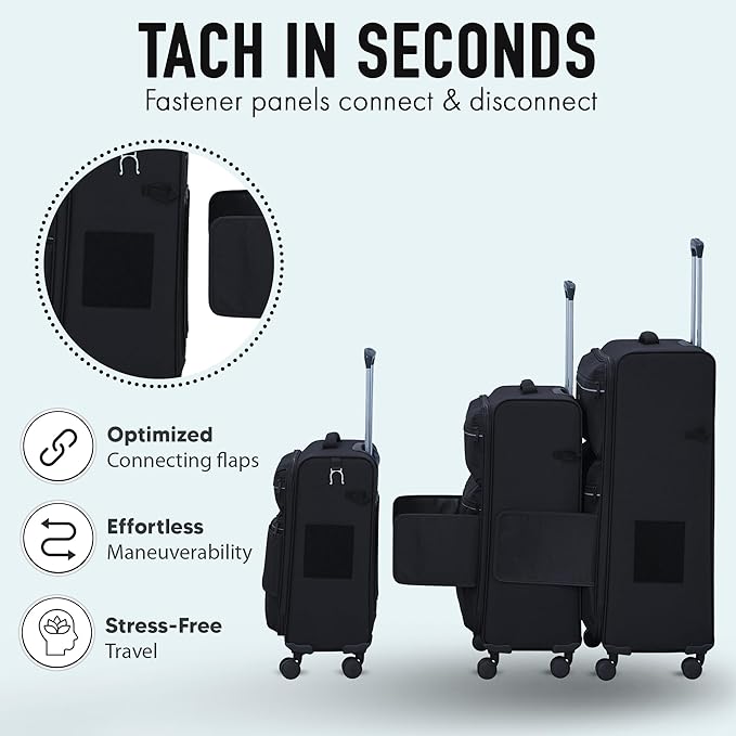 TACH LITE Samba Softside 3 Piece Luggage Set 20/24/28 Inch | Connectable Suitcases with Spinner Wheels Lightweight Travel Suitcase with Wheels Carry On & Checked Bags | Soft Sided Luggage Set (Black)