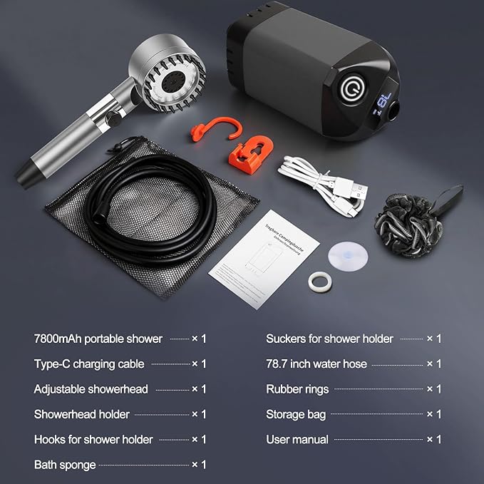 Portable Shower for Camping with 7800mAh Battery, Rechargeable Camping Shower with Intelligent LED Display, 3 Spray Modes, IPX8 Waterproof Outdoor Camp Pump for Hiking, Travel, Car, Pet