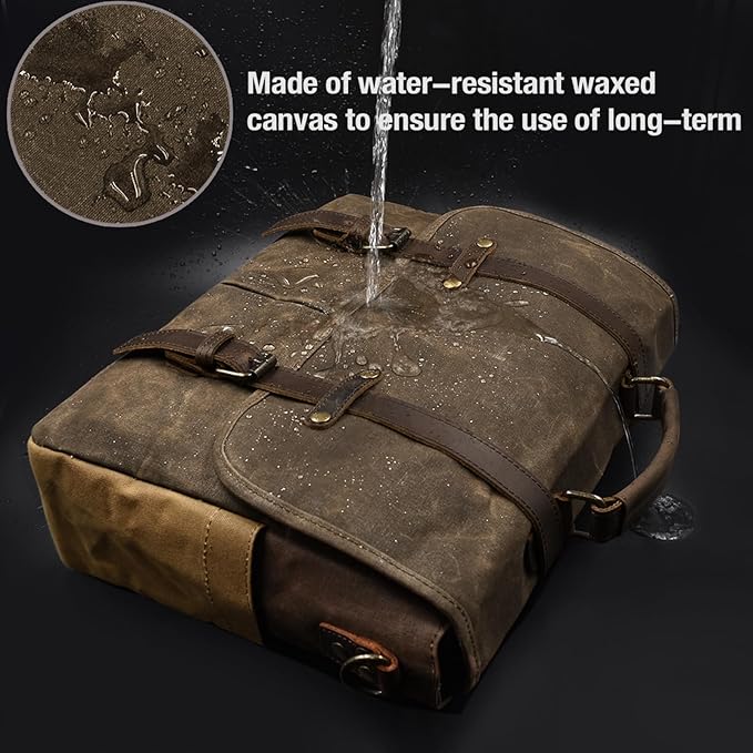 Mens Messenger Bag 15.6 Inch Waterproof Vintage Genuine Leather Waxed Canvas Briefcase Large Leather Computer Laptop Bag Rugged Satchel Shoulder Bag, Coffee