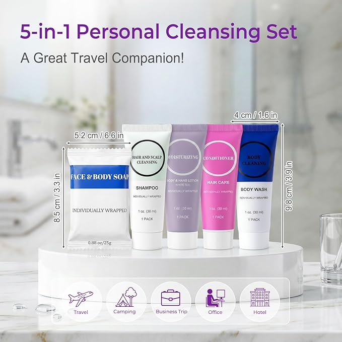 Toiletries Individually Wrapped Set Bulk, Travel Size 1 Fl oz Mini Body Wash Body Lotion Shampoo Conditioner 0.88 oz Bars Soap Toiletry Kit Guest Amenities for Hotel/Shelter/Homeless (Pack of 100)