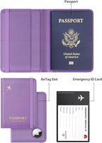 Stouchi AirTag Passport Holder, Anti-Lost Passport Holder with Airtag Slot, Passport Wallet Cover with RFID Blocking, Leather Passport Case Travel Accessories for Women, Purple