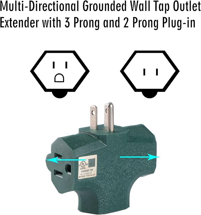 3 Way Plug Adapter - UL Listed - Outdoor Outlet Splitter 3 Prong - Electrical Outlet Extender, Wall Outlet Expander, Outdoor Heavy Duty Triple Plug Outlet Adapter