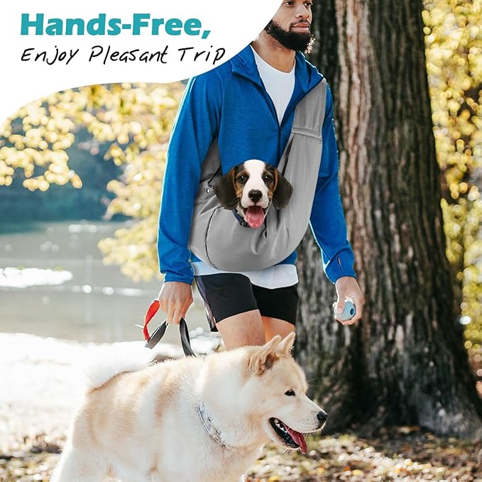 Pawaboo Small Dog Sling Carrier, Reversible Hands Free Dog Sling Carriers for Small Dogs and Cats, Puppy Slings Carrier with Safety Harness, Puppy Essentials, Light Gray
