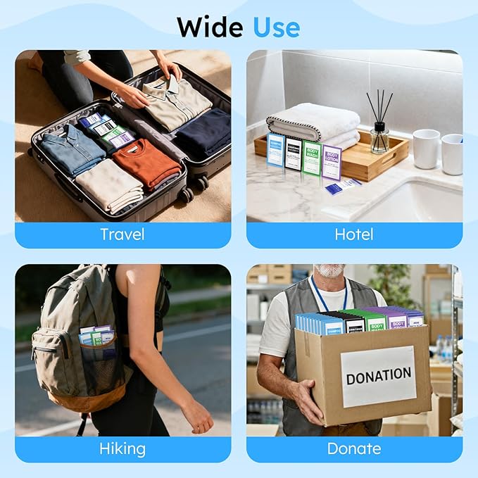 50 Pcs 5-IN-1 Hotel Soaps and Toiletries Bulk Set,5-Piece Set 0.35 oz each Packets Shampoo,Conditioner, Body Wash and Lotion,0.53 oz Soap Mini Travel Size Toiletries Supplies kit for Guests,Homeless