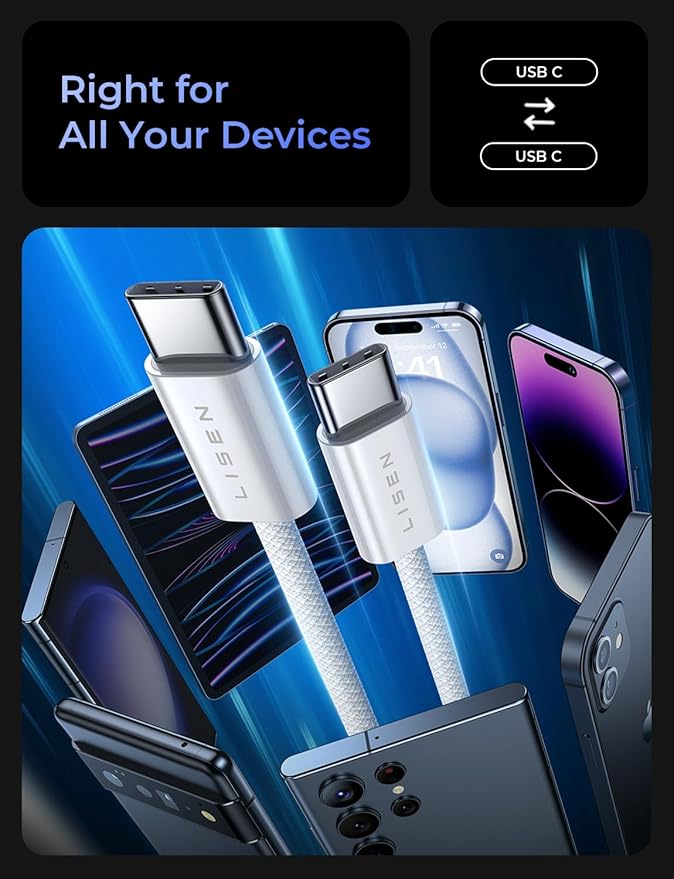 LISEN USB C Cable, 5-Pack [3.3/3.3/6.6/6.6/10FT] USBC to USBC Cable for iPhone 16e 15 Pro Max Charger Cord, 60W (3.1A) C to C Cable Fast Charging for Samsung S25/S24/23, Switch 2, iPad, MacBook,White
