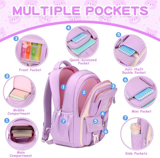 PIG PIG GIRL Kids Backpack for Girls School Bags for Middle School Students Book Bag for Elementary Primary Kawaii Ita Backpack, Purple and Beige