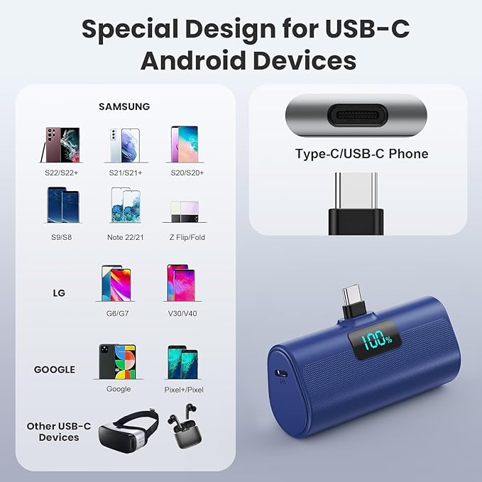 Mini Portable Charger USB C Power Bank,Upgraded 5500mAh PD Fast Charging Battery Pack Built-in USB-C Connector Travel Essential for iPhone17/17Pro/17Pro Max/Air/16 Plus/16Pro Max/15 Series (Deep Blue)