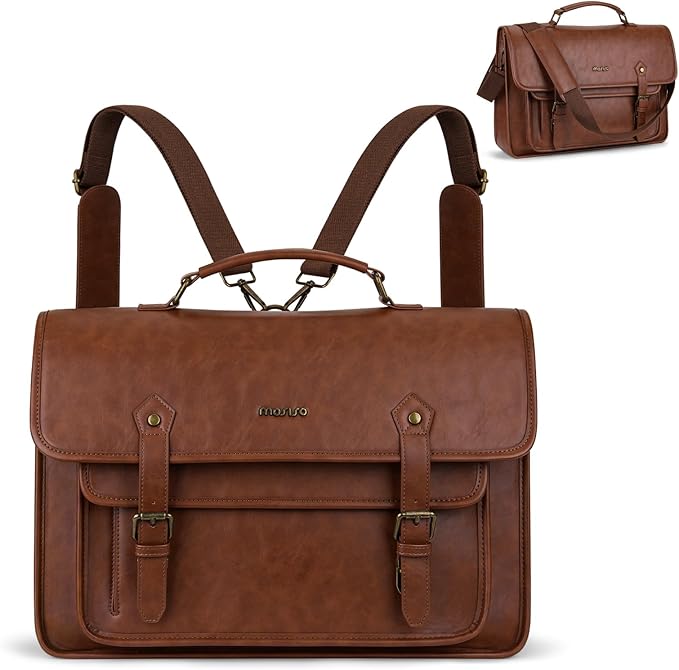 MOSISO 3 in 1 Laptop Bag, 17.3 inch PU Leather Shoulder Bag Briefcase Messenger Satchel Laptop Backpack, 17-17.3 inch Computer Bags Handbag Bookbag, Brown