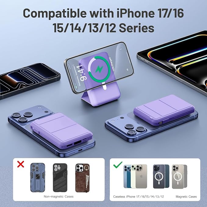 Azmuth for MagSafe Portable Charger, 10000mAh Magnetic Power Bank with 20W PD USB-C Fast Charging LED Display for MagSafe Battery Pack, Magnetic Travel Charger for iPhone 17/16/15/14/13/12 Series