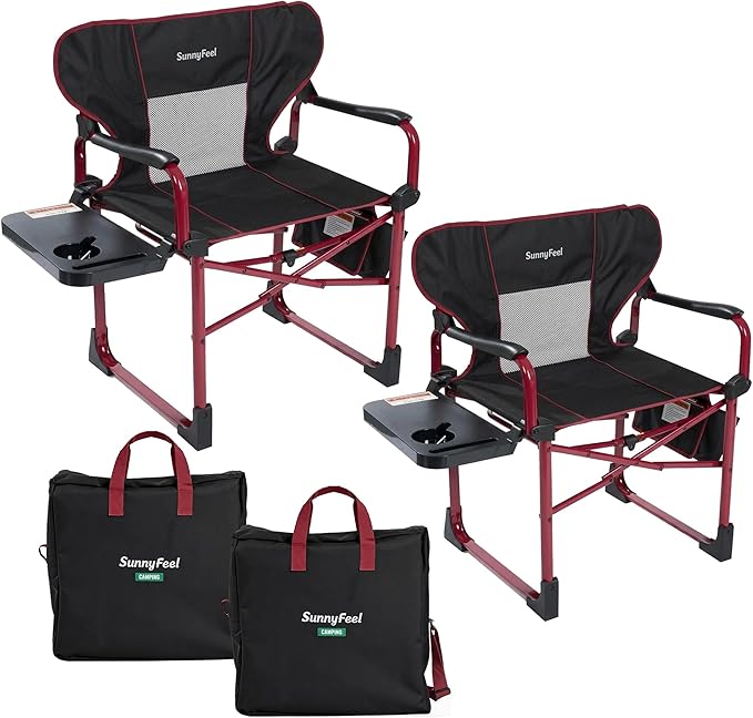 SUNNYFEEL Camping Directors Chair Set of 2 Aluminum Oversized Portable Folding Chair with Side Pocket and Adjustable Side Table for Beach, Fishing, Trip, Picnic, Lawn, Outdoor Foldable Camp Chairs