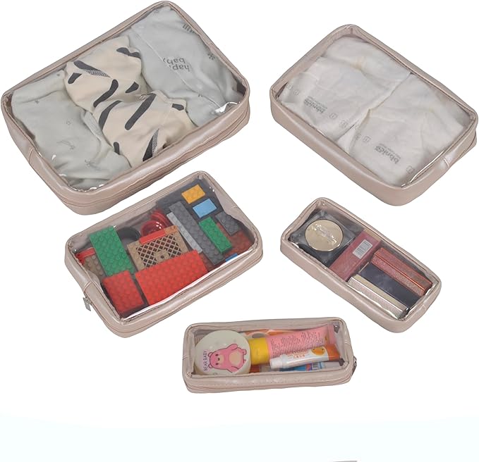 Remobia Hicol TSA Approved 5-Piece Diaper Bag Organizer Pouch Set Clear Waterproof TPU Kids Toiletry Storage Set Travel Packing Clutch Cube Bags for Baby Nursing (Pearl Grey)