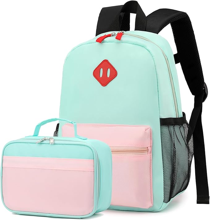 Backpack Set for Girls Boy Kids Backpack with Lunch Box for Elementary Primary Kindergarten School Bag (Pink Green, Large)