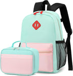 Backpack Set for Girls Boy Kids Backpack with Lunch Box for Elementary Primary Kindergarten School Bag (Pink Green, Large)