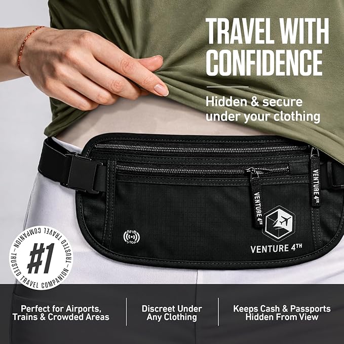 VENTURE 4TH Money Belt for Travel – Slim Hidden Under-Clothes RFID Blocking Anti-Theft Passport Holder & Travel Wallet Pouch for Men & Women to Protect Cash, Cards & Documents (Pure Black)