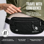 VENTURE 4TH Money Belt for Travel – Slim Hidden Under-Clothes RFID Blocking Anti-Theft Passport Holder & Travel Wallet Pouch for Men & Women to Protect Cash, Cards & Documents (Pure Black)