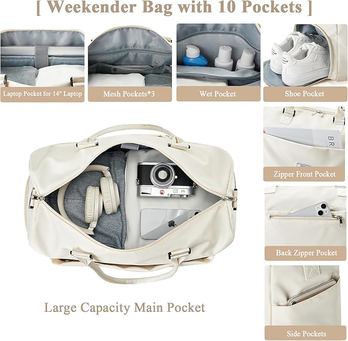 HYC00 Travel Duffel Bag,Carry-on Overnight Weekender Bags for Women,Sports Tote Gym Bag with Wet Pocket